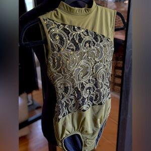 🌿Green custom lace Leotard dance costume with rhinestones, SA